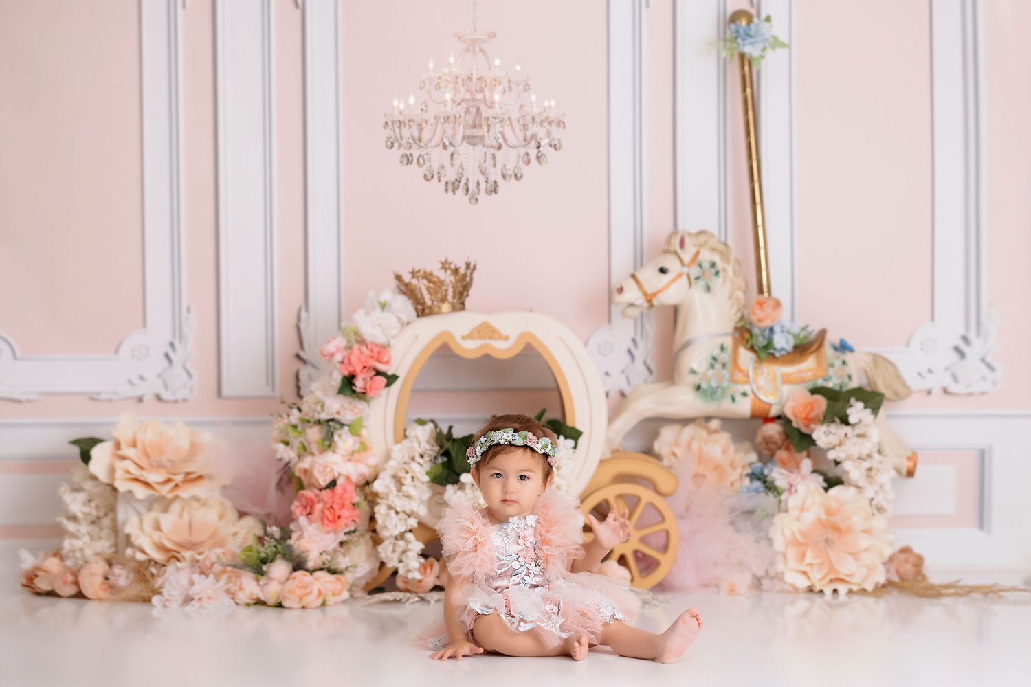 pink princess carriage cake smash, baby girl first birthday photoshoot, los angeles california, best photographer
