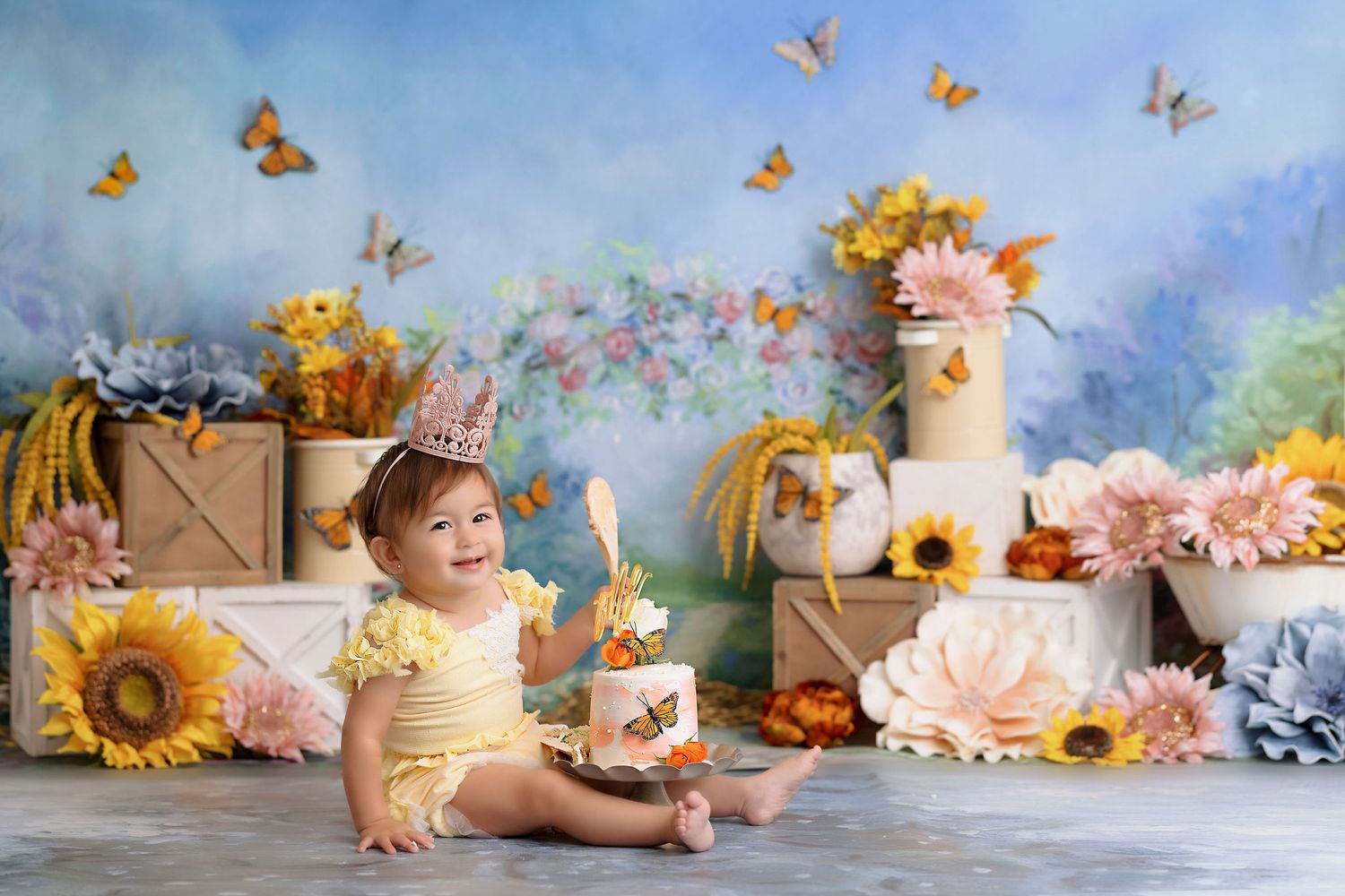 blue yellow garden sunflower cake smash, baby girl first birthday photoshoot, los angeles california, best photographer