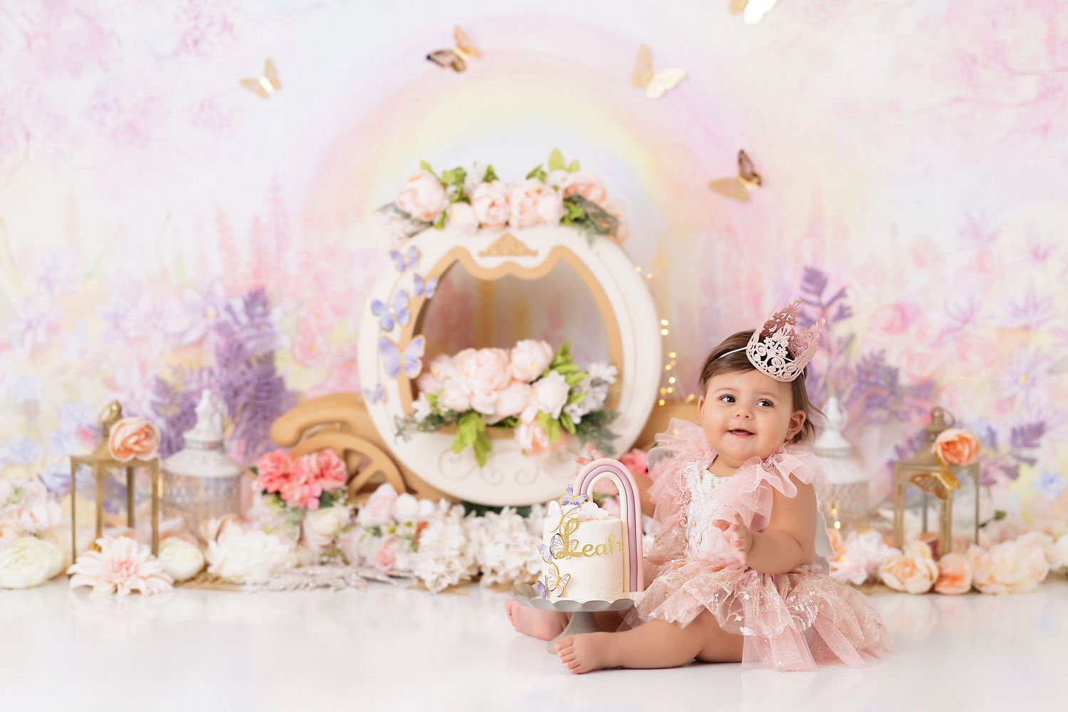 pink rainbow baby yoshi meza cake smash, baby girl first birthday photoshoot, los angeles california, best photographer