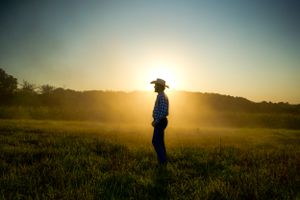 A silhouetted figure stands in a misty field during sunrise wearing a cowboy hat.