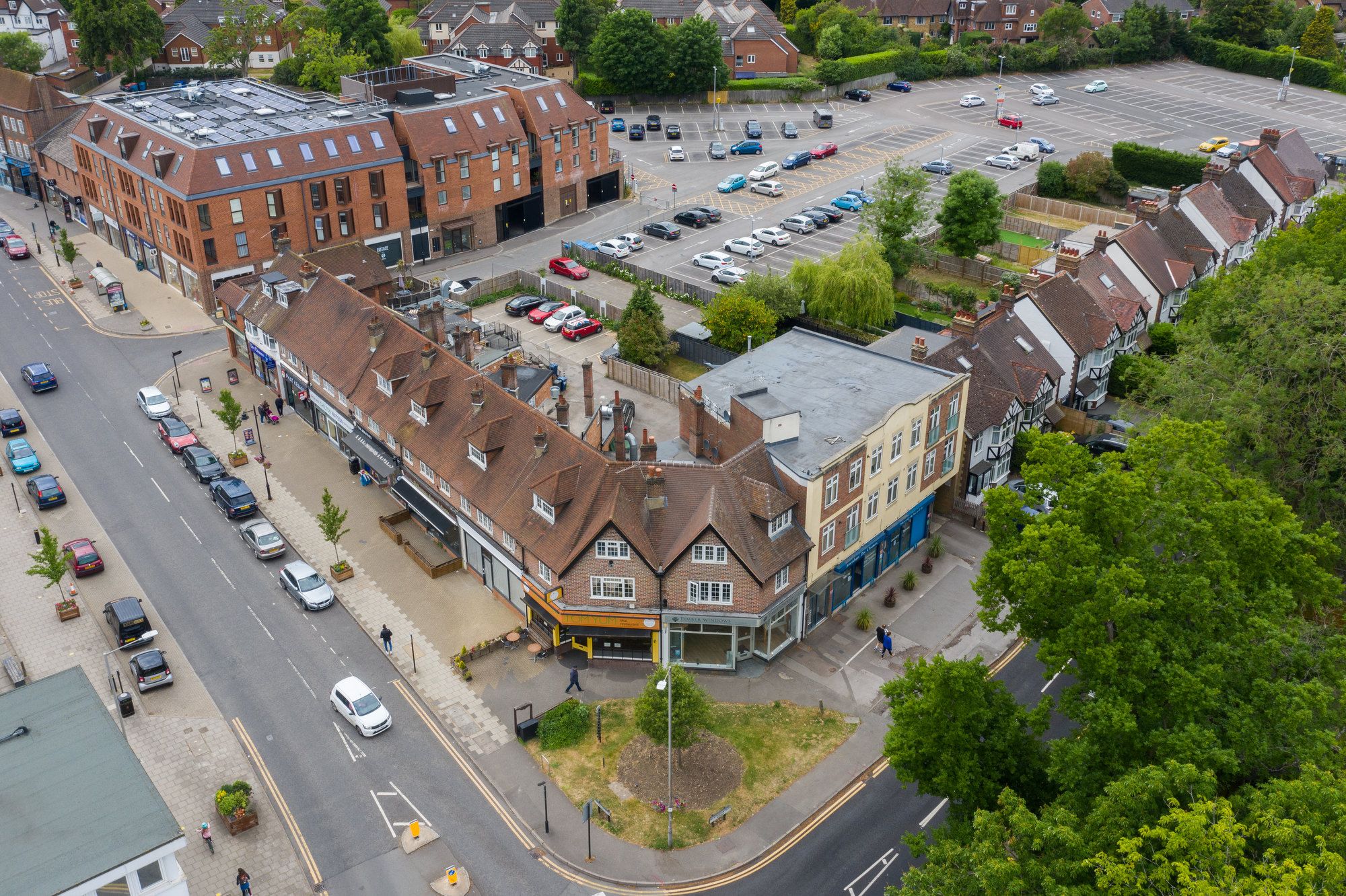 Drone shot of shops in Amersham