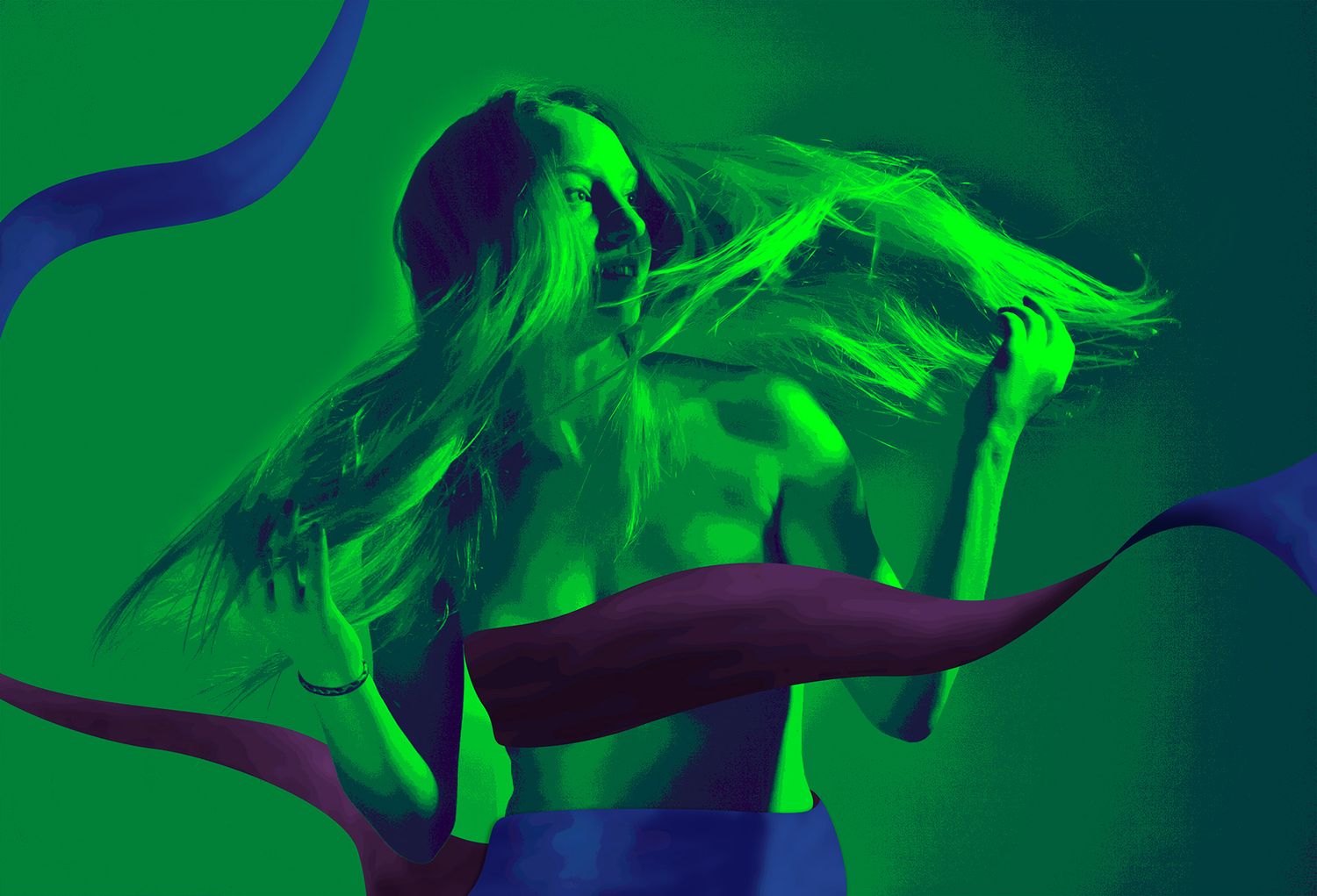 Abstract artistic photo of a silhouette dancing in neon green lighting.