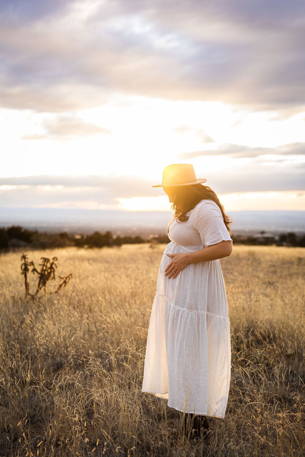 Silhouette of pregnant woman in white dress standing in field at sunset.