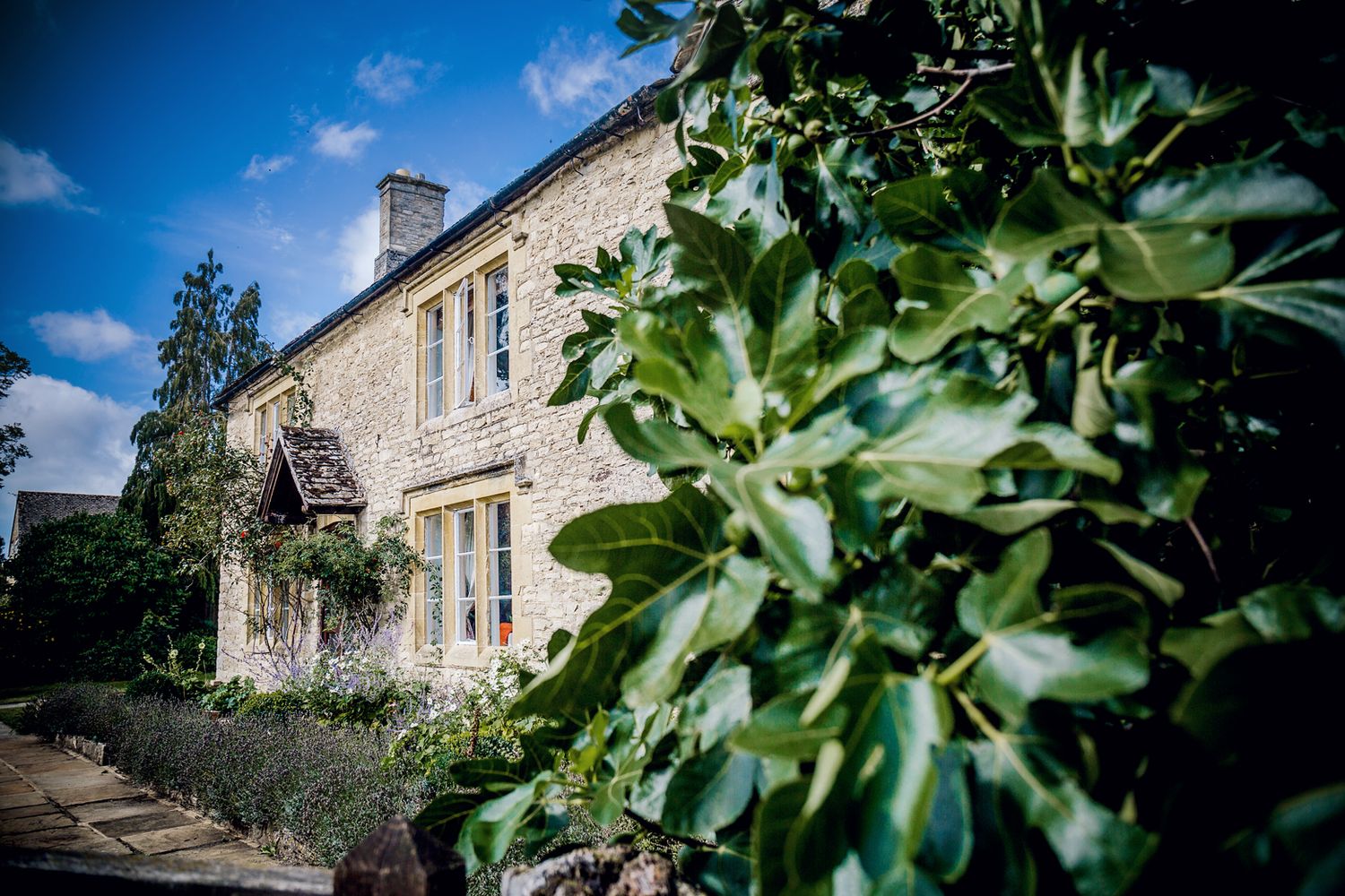 Stone cottage exterior with green foliage against blue sky and architectural details.