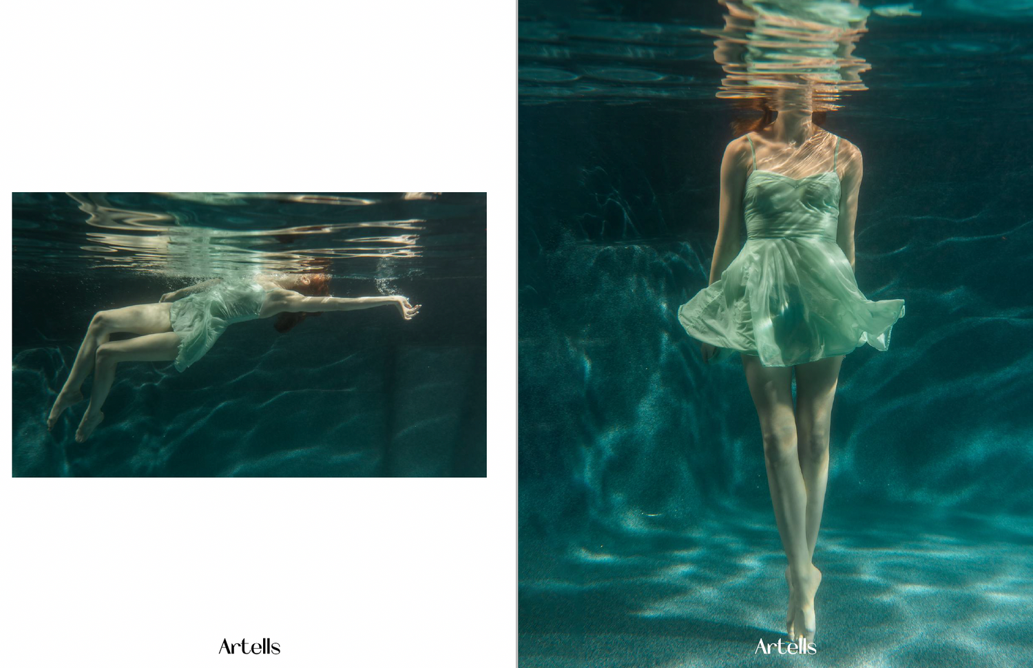 An ethereal underwater photoshoot shows a figure in a flowing dress floating gracefully beneath turquoise water.