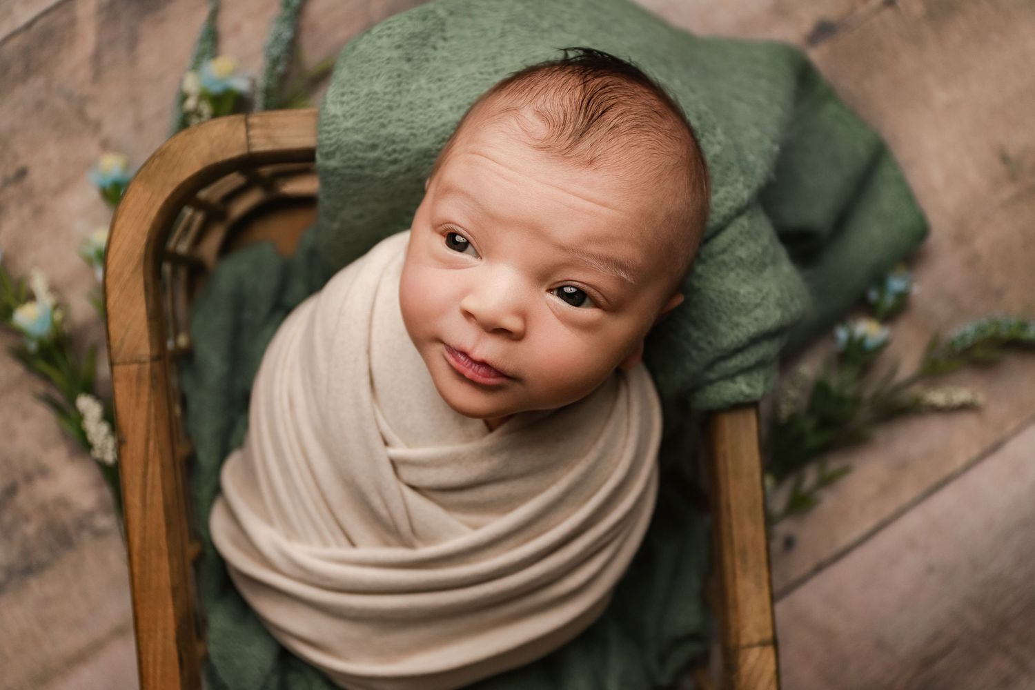 fine art newborn portrait of baby boy wrapped in prop