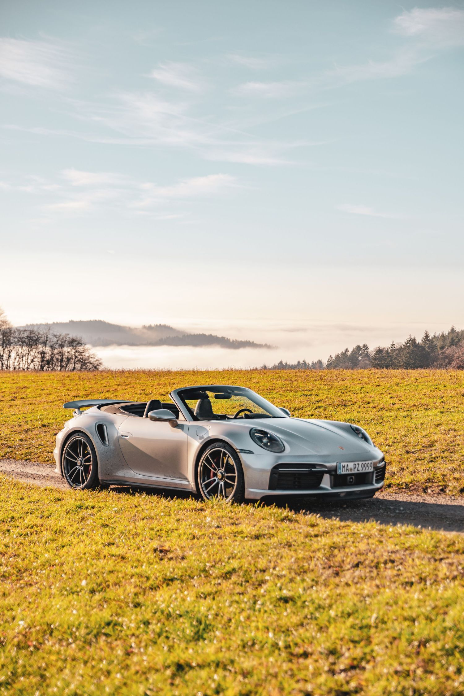 Porsche 911 Turbo Cabrio auf einem Feldweg auf einer herbstlichen Wiese