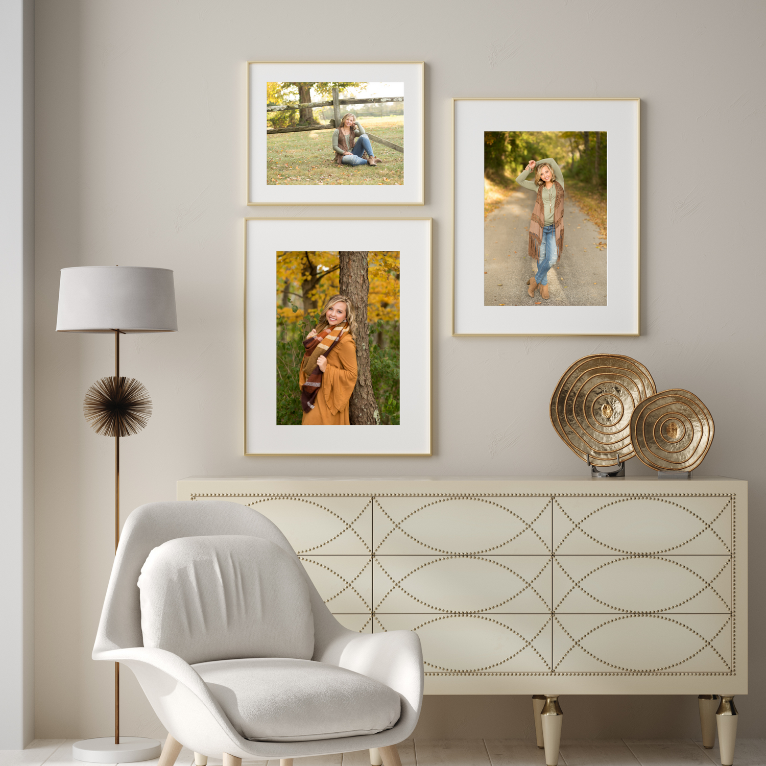 Living room with wall art of high school senior girl