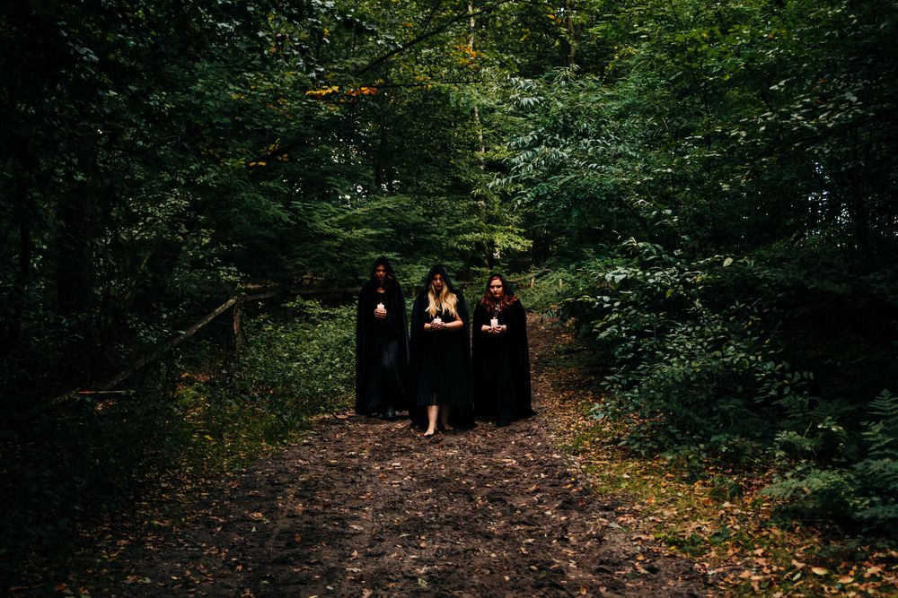 Three cloaked figures stand mysteriously on a leaf-covered forest path.