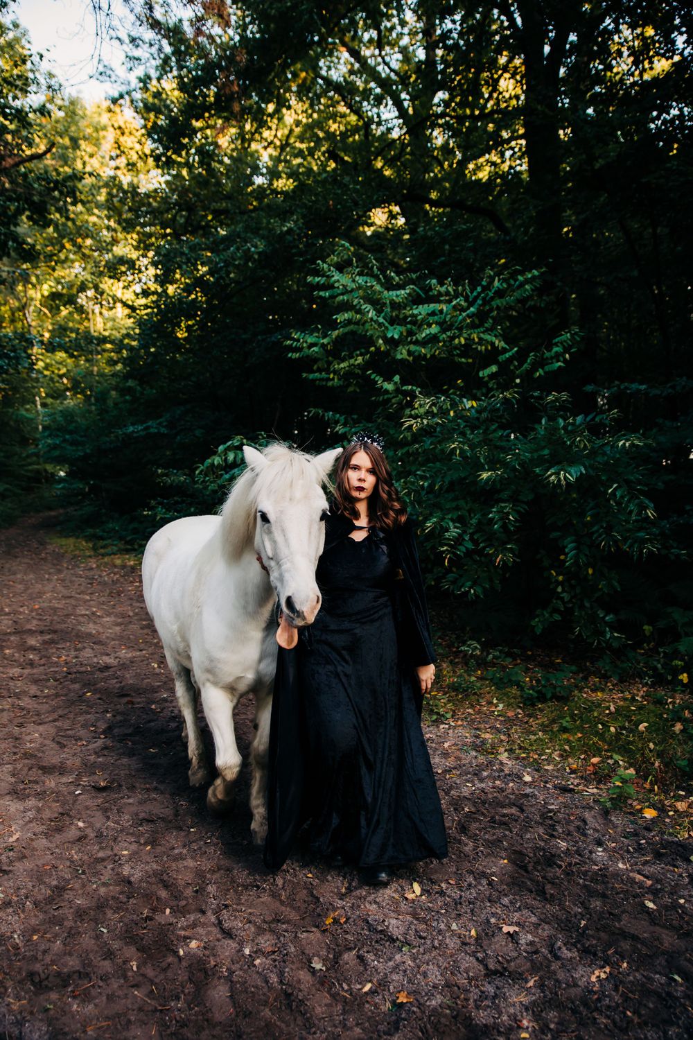 Gothic scene with a majestic white horse and black-dressed figure in a mystical forest setting.