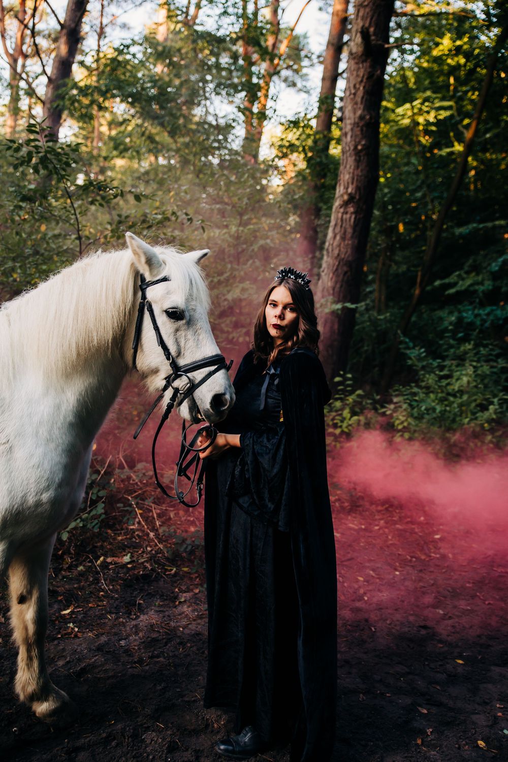 Mystical forest scene with white horse and dark-clad figure amid red smoke.