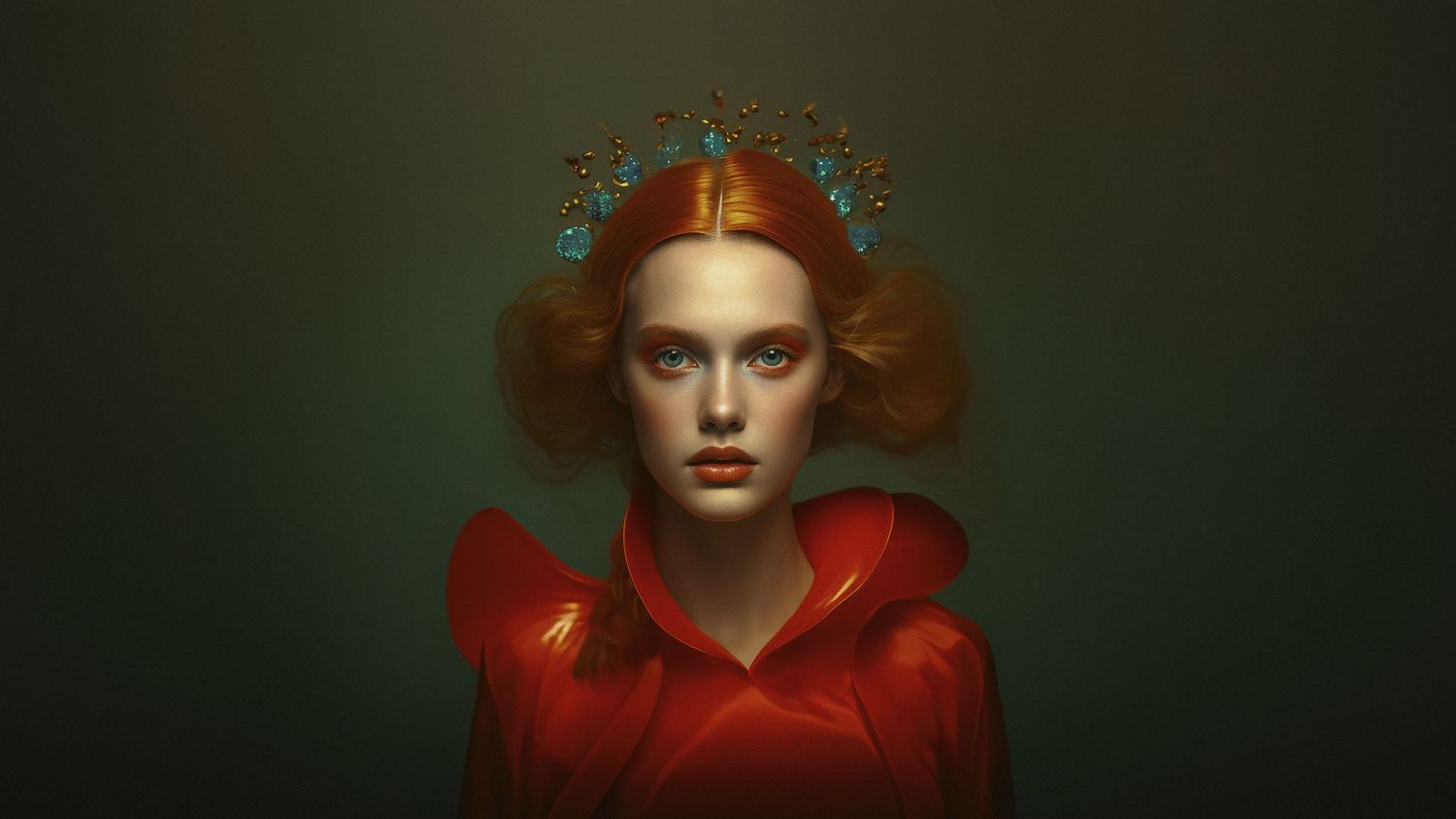 Artistic portrait featuring copper hair and red attire against a dark green background.