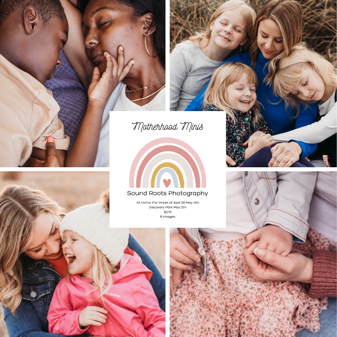 Emotional photography collage featuring candid family moments around a rainbow-themed brand logo.