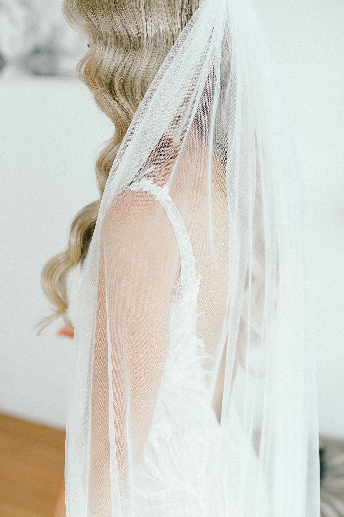 Delicate sheer wedding veil detail showcasing intricate lace dress underneath.
