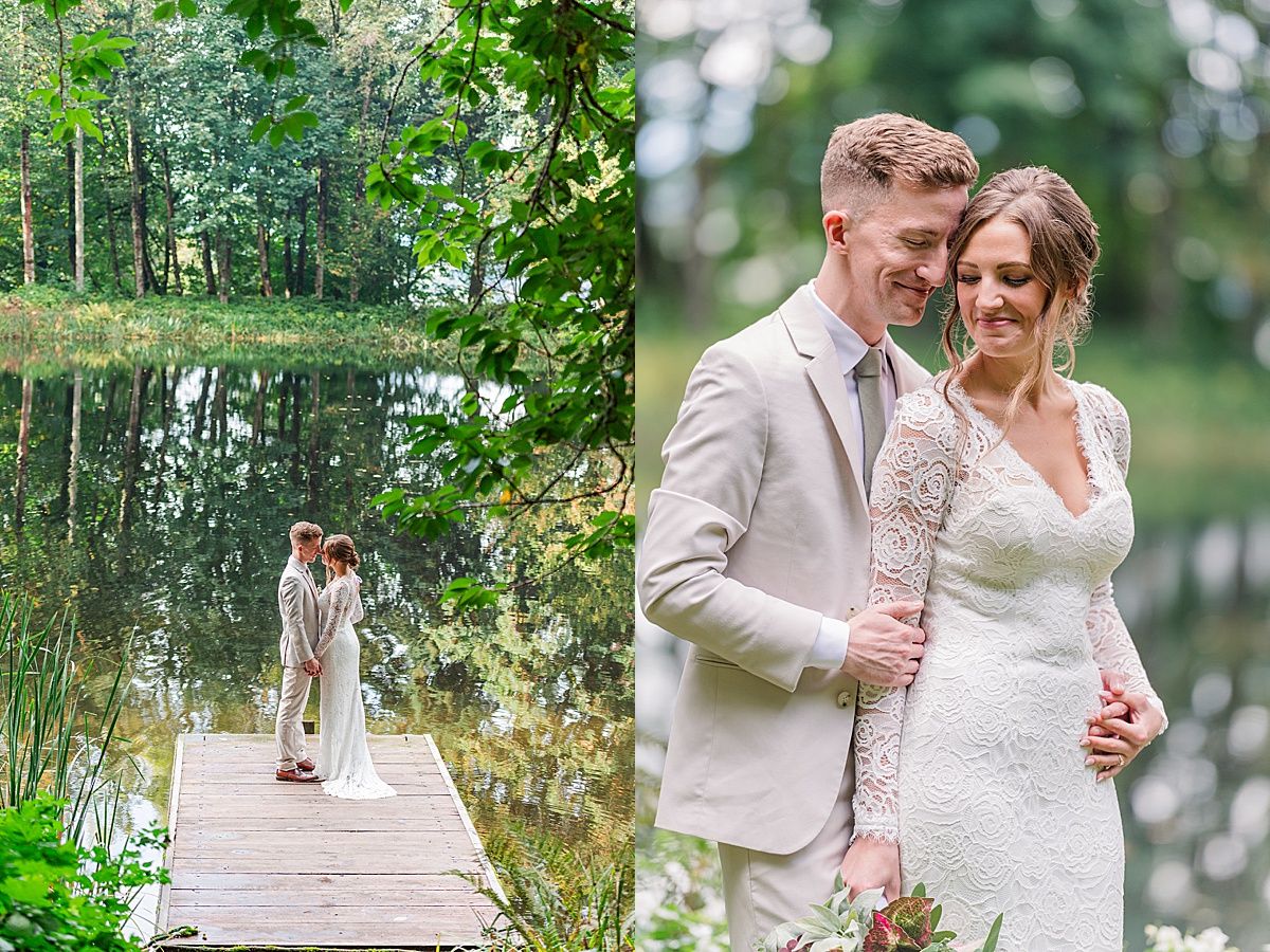 Bride and groom pose on dock at Bridal Veil Lakes wedding venue in Oregon with Indianapolis photographer
