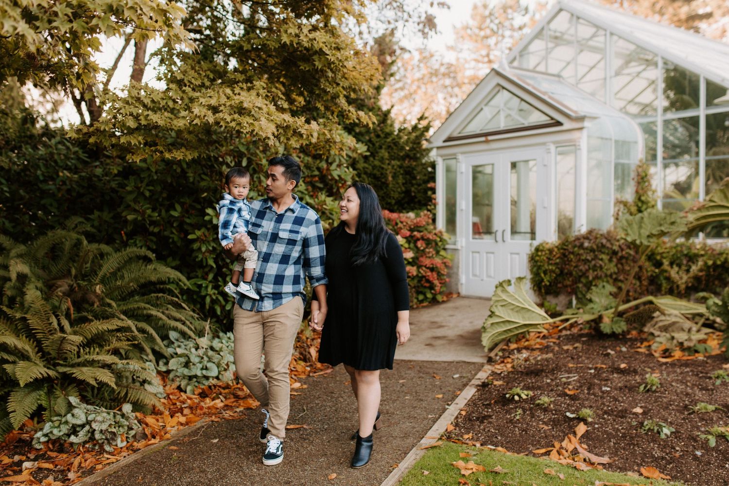 A series of romantic outdoor photos showing a couple walking along garden paths in autumn scenery.