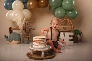 Boho boy Cake Smash session with sage, brown, & pampas grass; Lexington, SC photographer birthday photoshoot; 1st bday