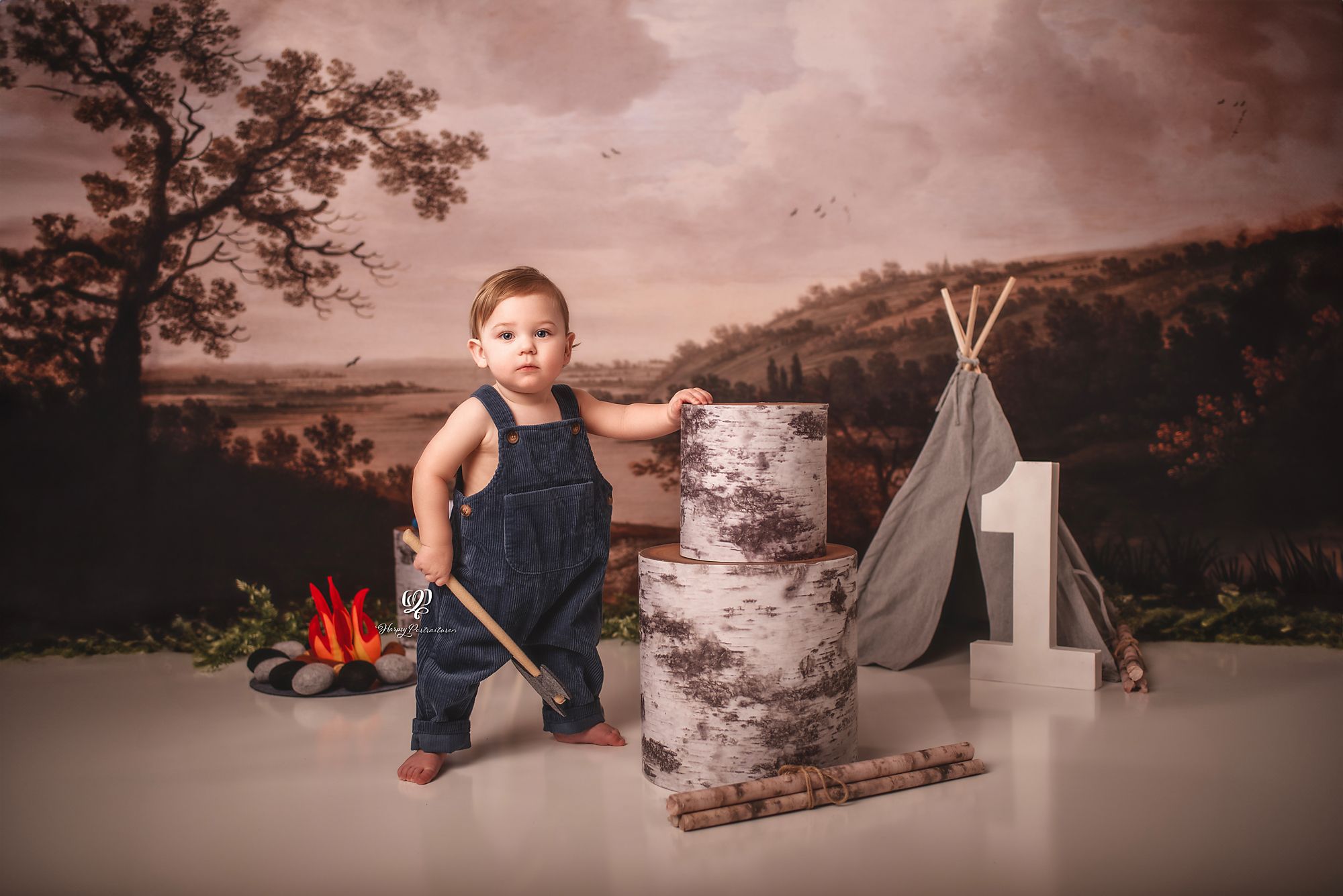 Camping baby boy birthday photoshoot Lexington, SC Cake Smash Photographer; best photographer Lexington, SC; children's