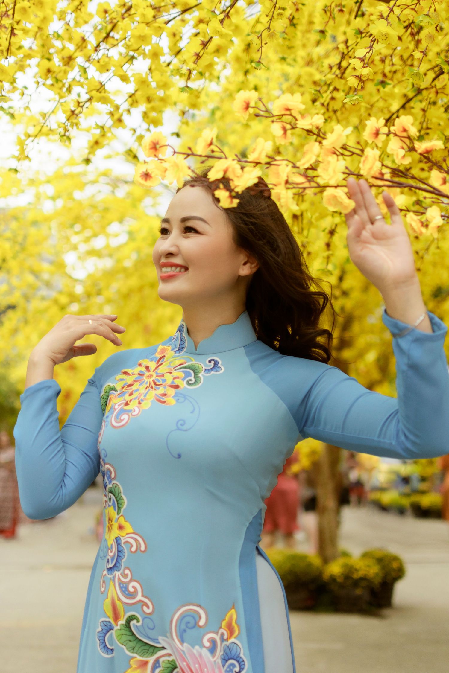 Tet photoshoot under yellow apricot blossoms in Thanh Nien Cultural House by photographer Anastasia Sokyrka in Saigon