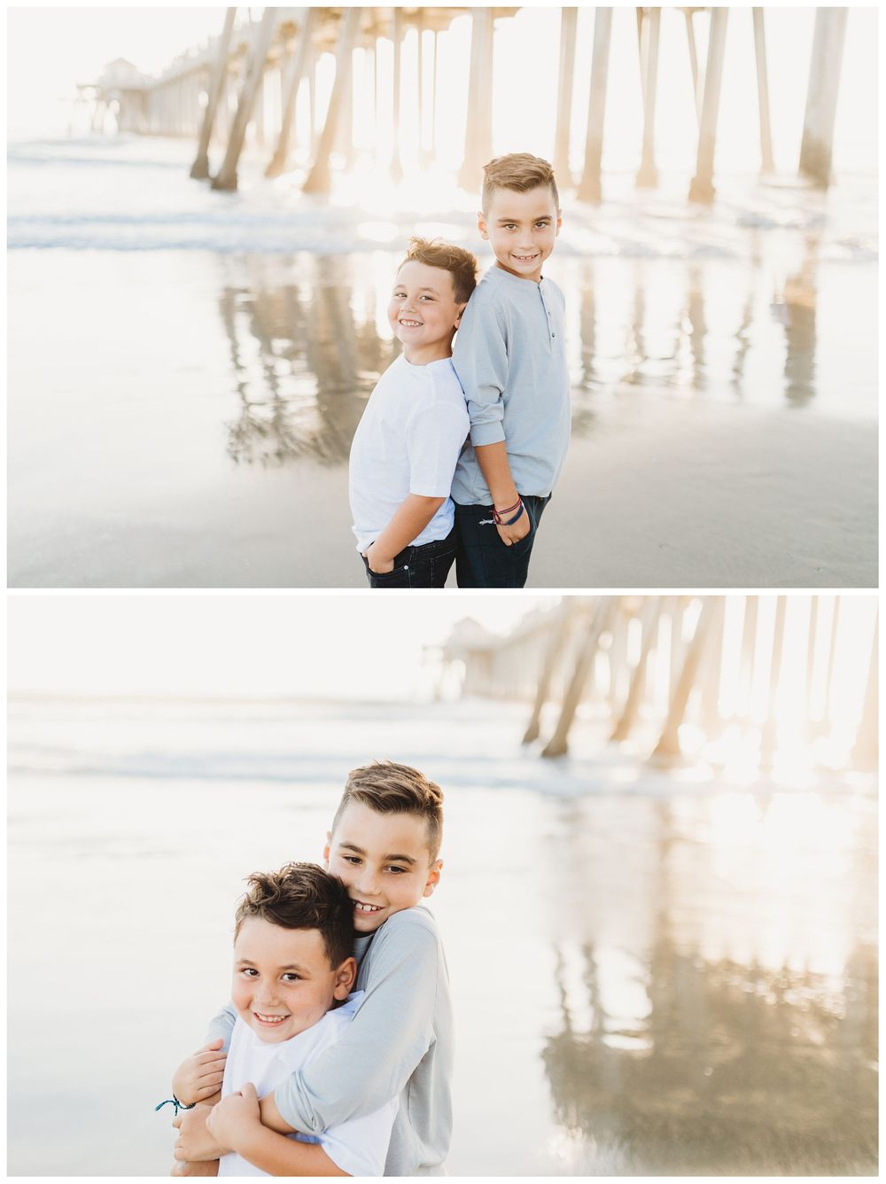 brothers hugging on beach