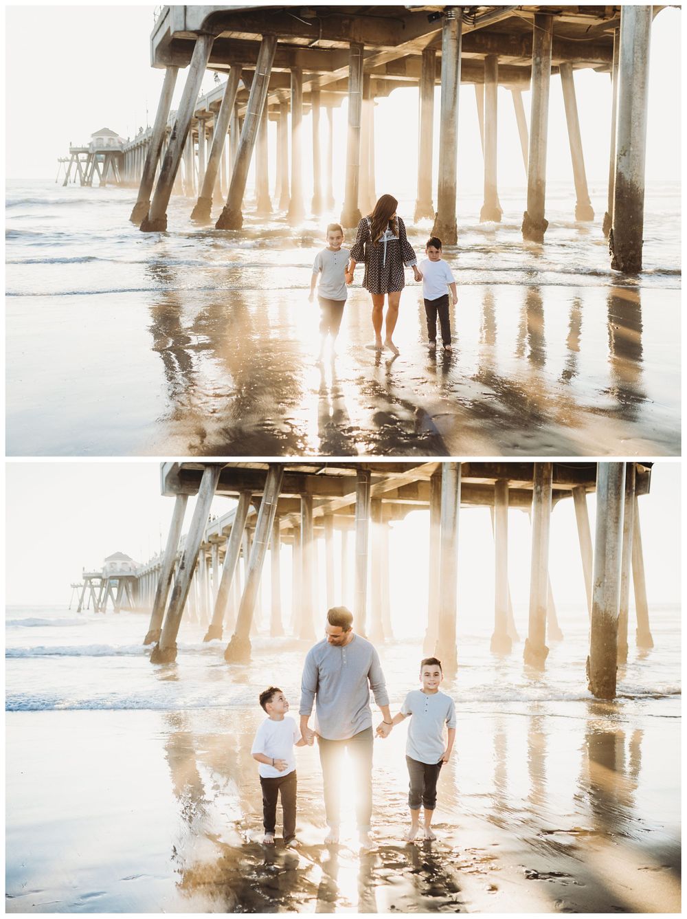 family walking on beach at sunset