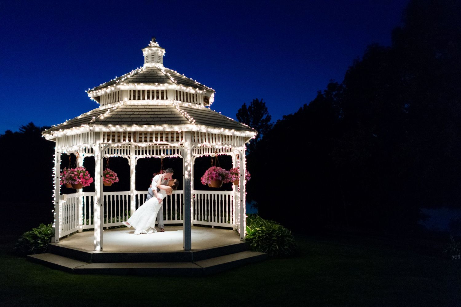 Dusk bride groom gazebo wedding portraits Harris Pelham Inn NH Leah Ramuglia Photography
