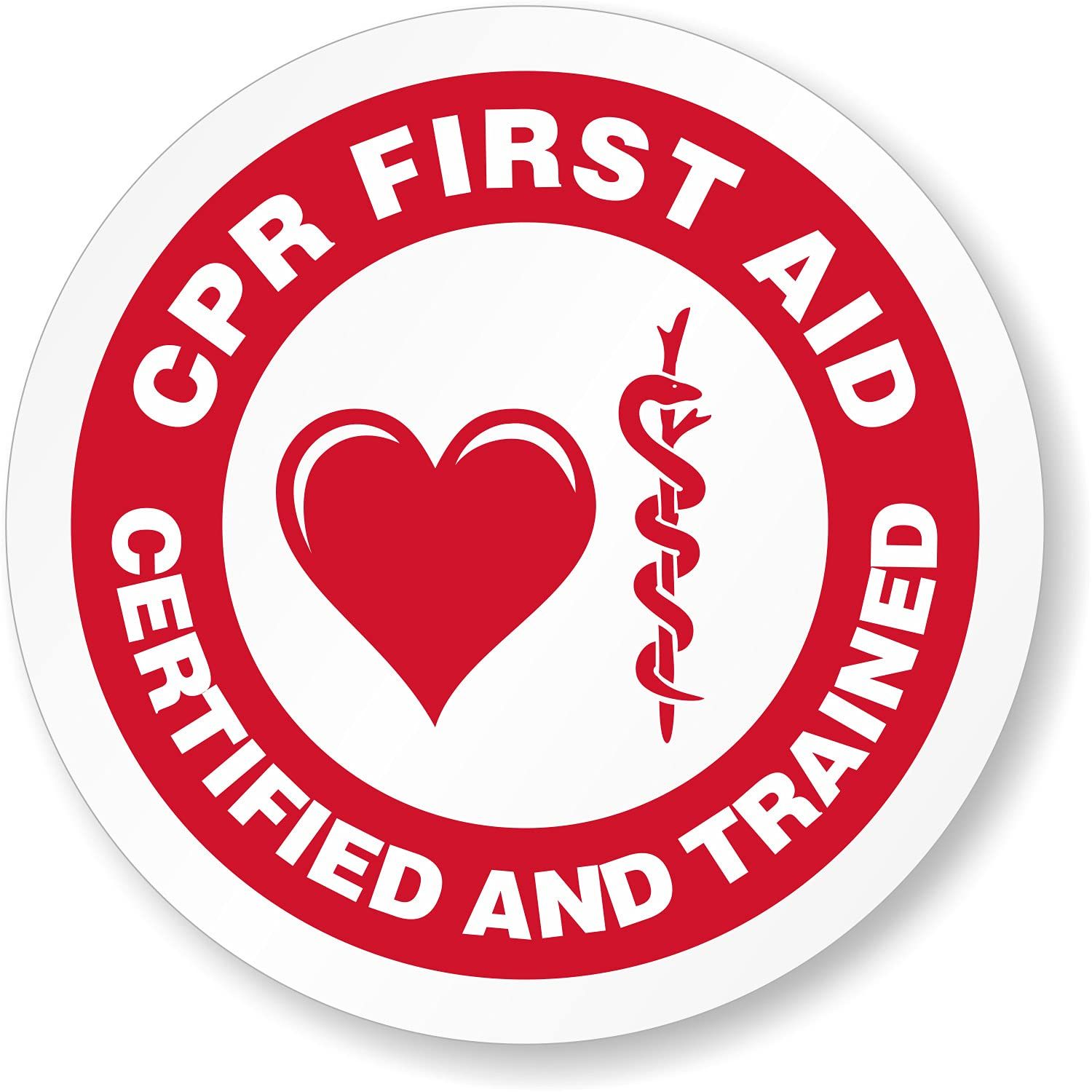 Red and white circular CPR First Aid Certified and Trained badge with heart and caduceus symbols.