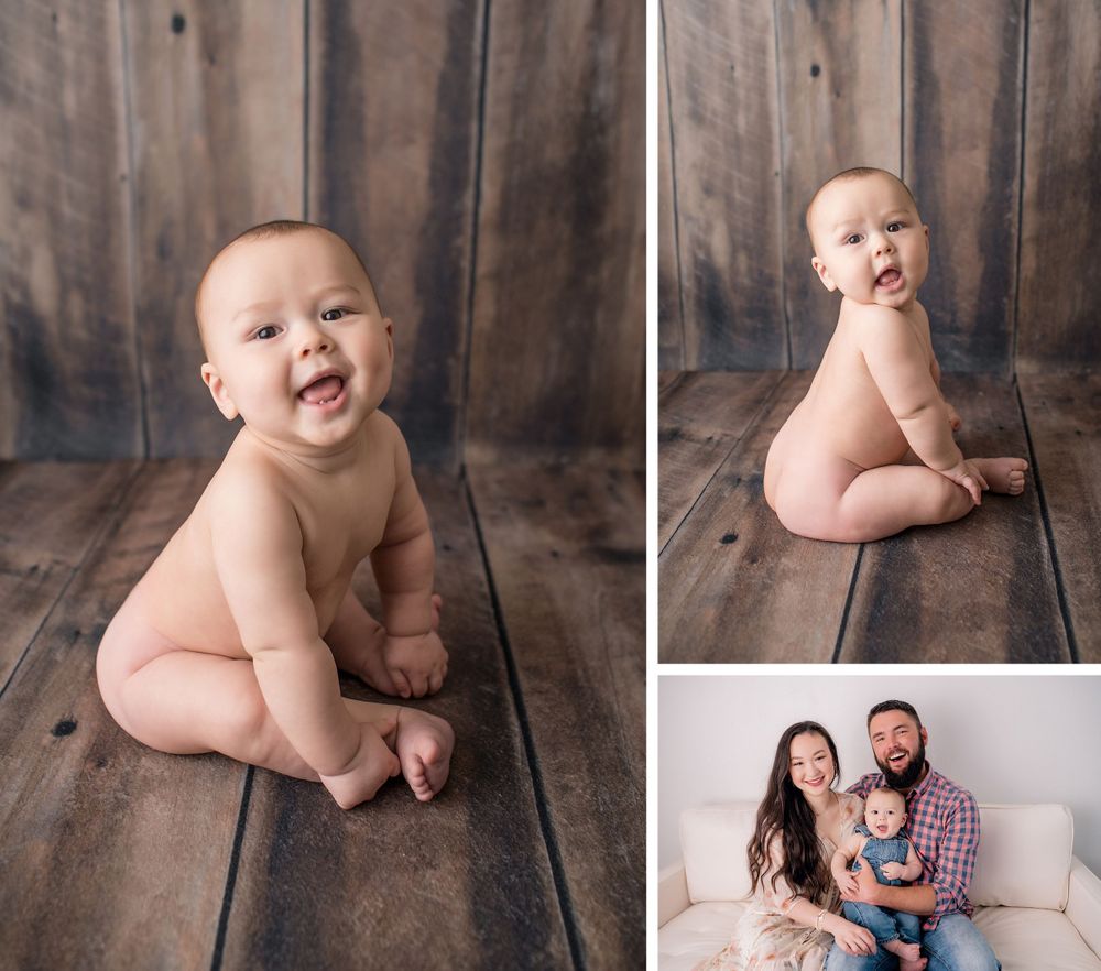 Three image collage showing a baby on wooden floor and family studio portrait.