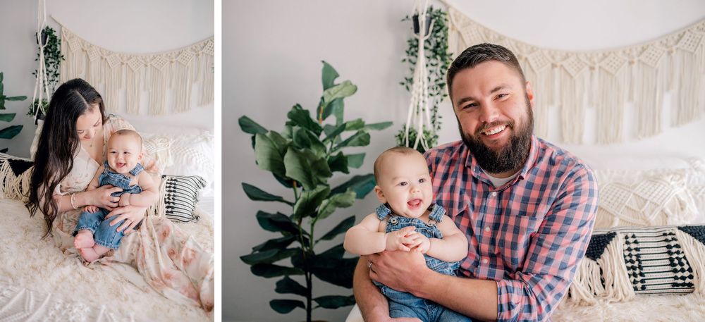 Two photos of family with baby in bright room with macrame wall decor and plants.