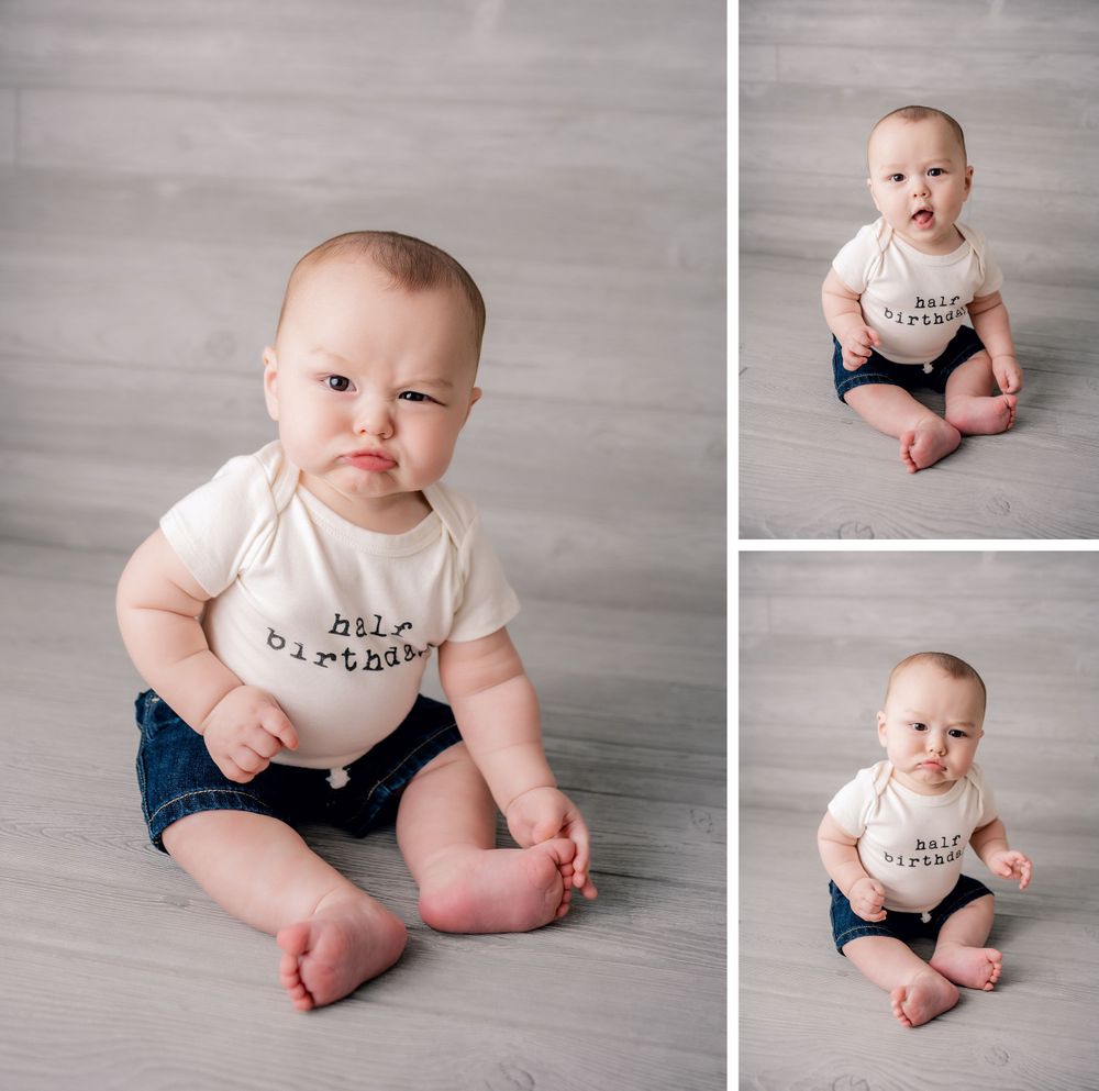 Three photo collage of baby in white shirt and navy shorts on gray backdrop.