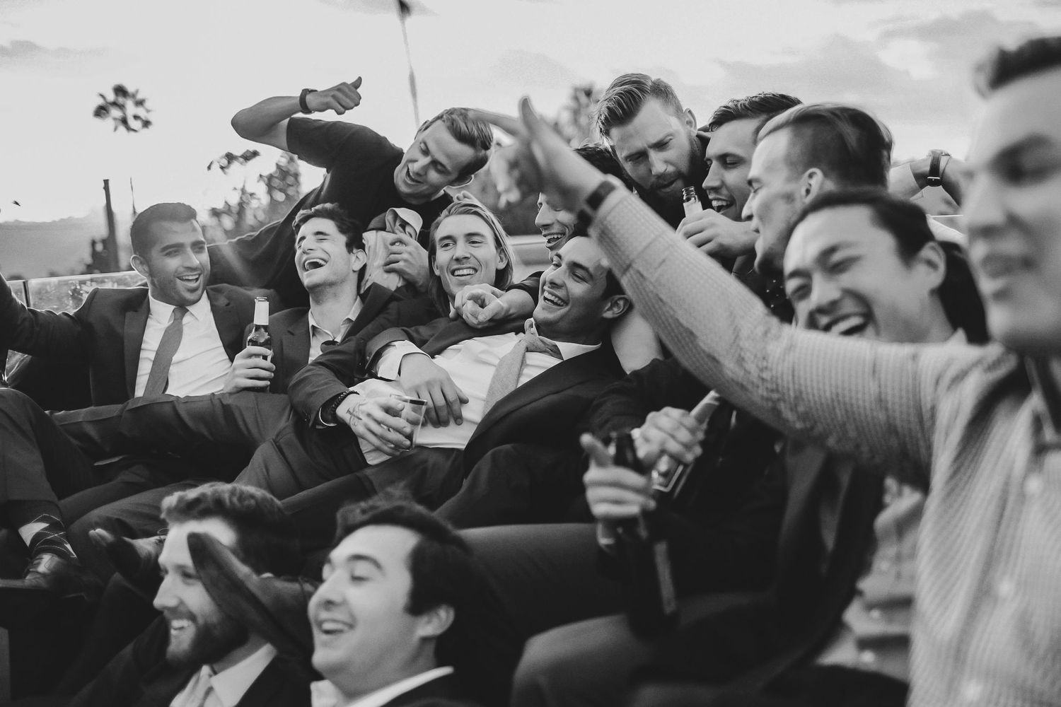 Elegant portrait of bridal party cheering for groom getting married in northern virginia