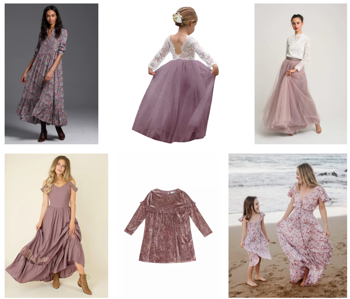 Collection of mauve and dusty rose dresses and outfits in romantic feminine styles with flowing silhouettes.