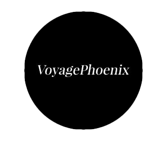 Elegant black and white VoyagePhoenix logo design.