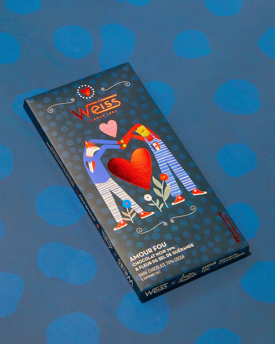 Valentine's themed chocolate box with romantic couple illustration against blue polka dot background.