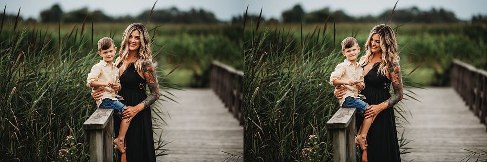 Two duplicate views of figures standing together on a wooden boardwalk surrounded by tall marsh grasses.
