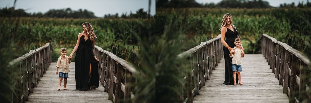Two views of people walking together on a wooden boardwalk through natural marshland.