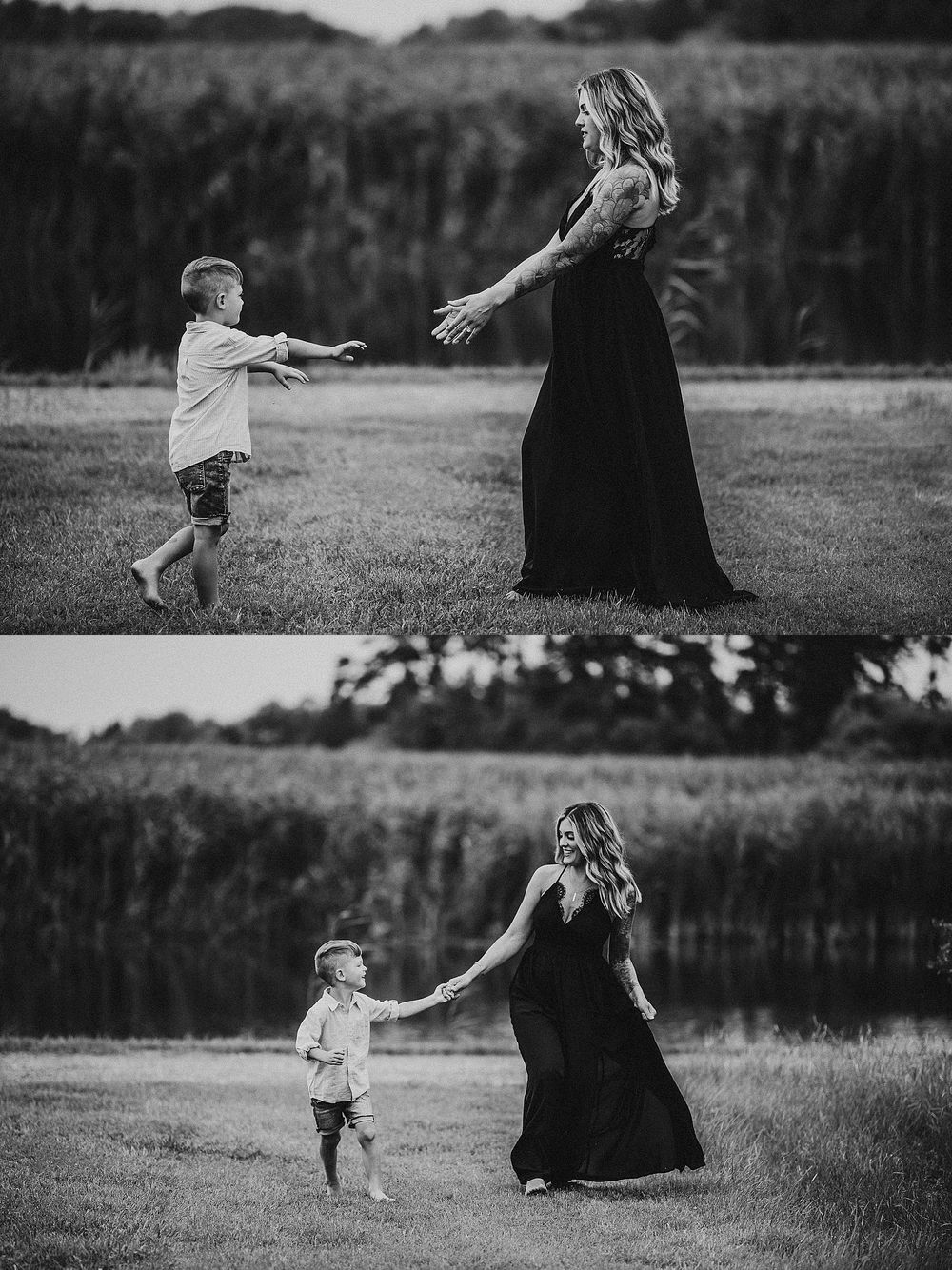 Black and white photos showing playful interaction and running in a grassy field.