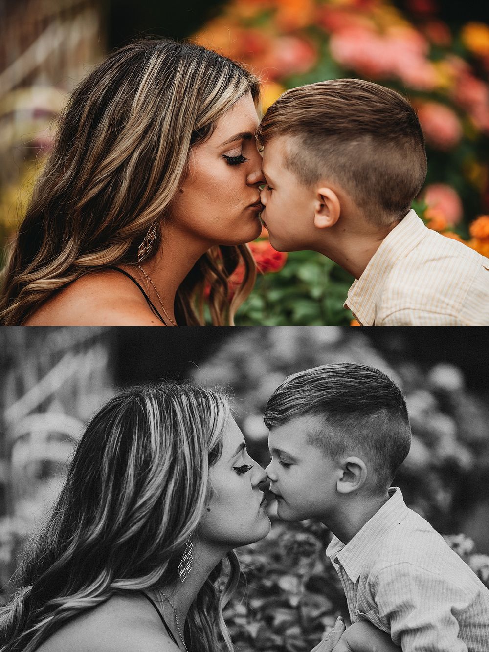 A tender moment captured in both color and black and white showing an intimate kiss in front of blurred flowers.