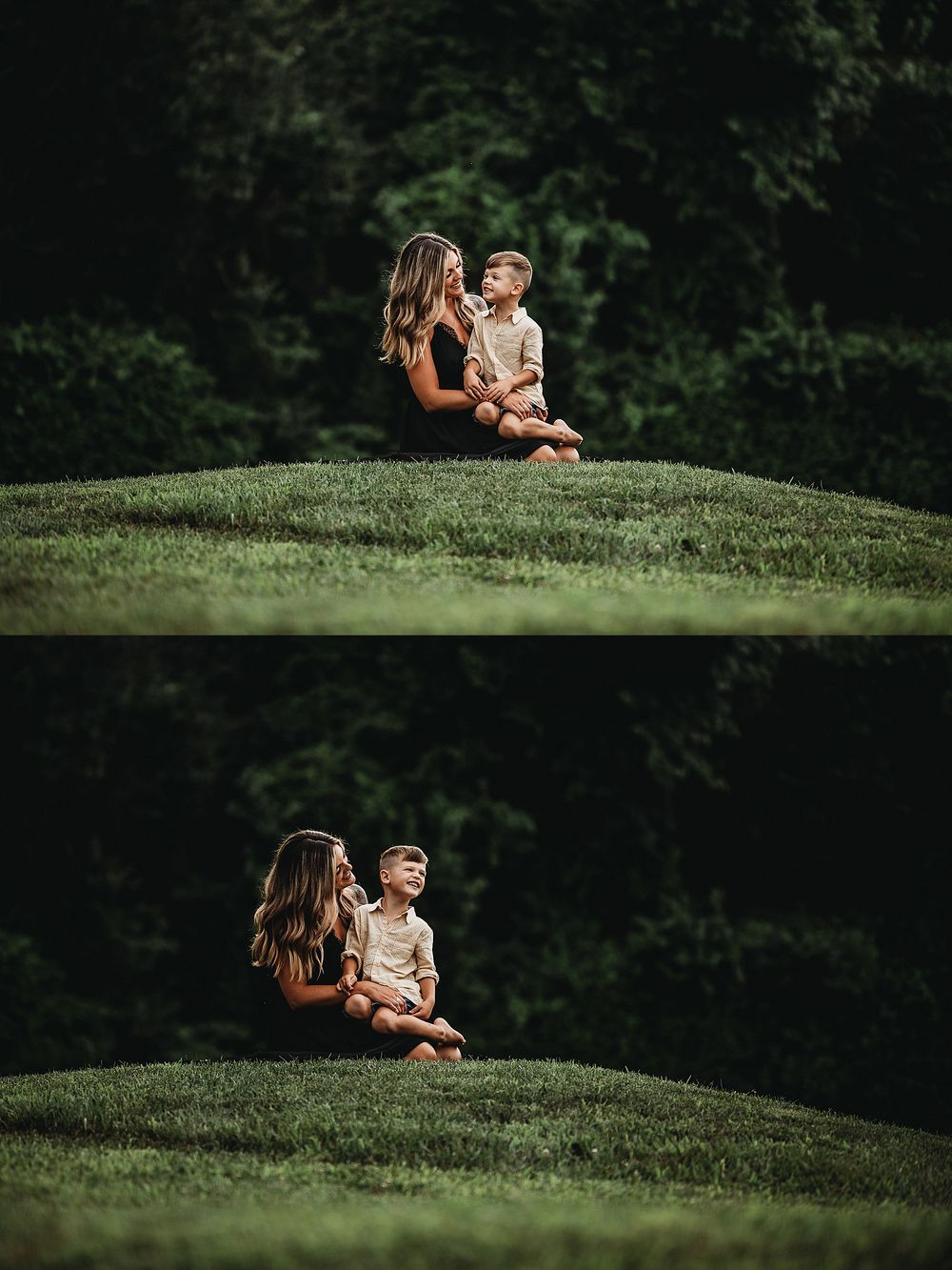 Two people sharing a tender moment while sitting on a grassy hill during sunset.