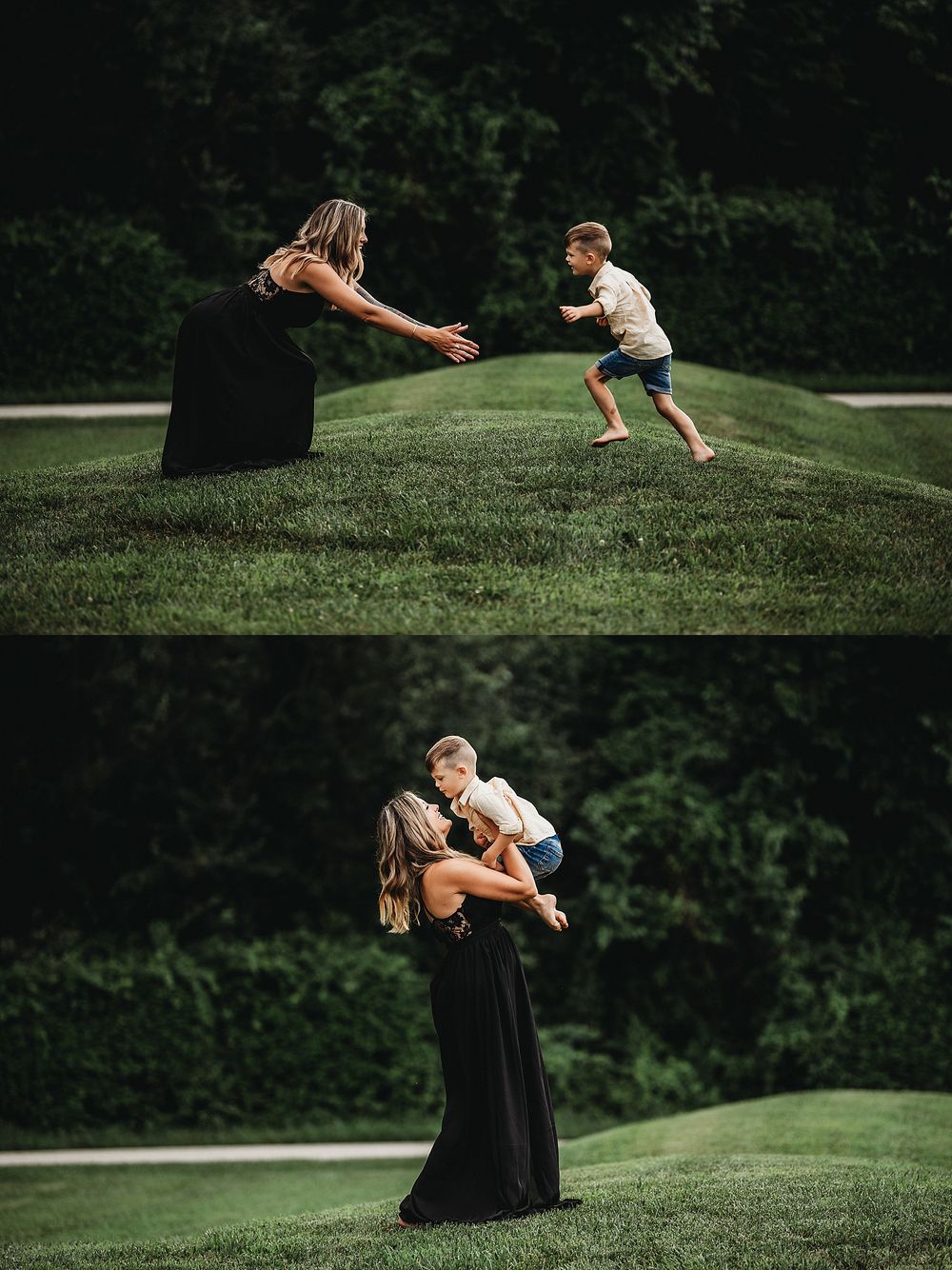 A touching sequence showing a playful moment between two people on a grassy hillside.