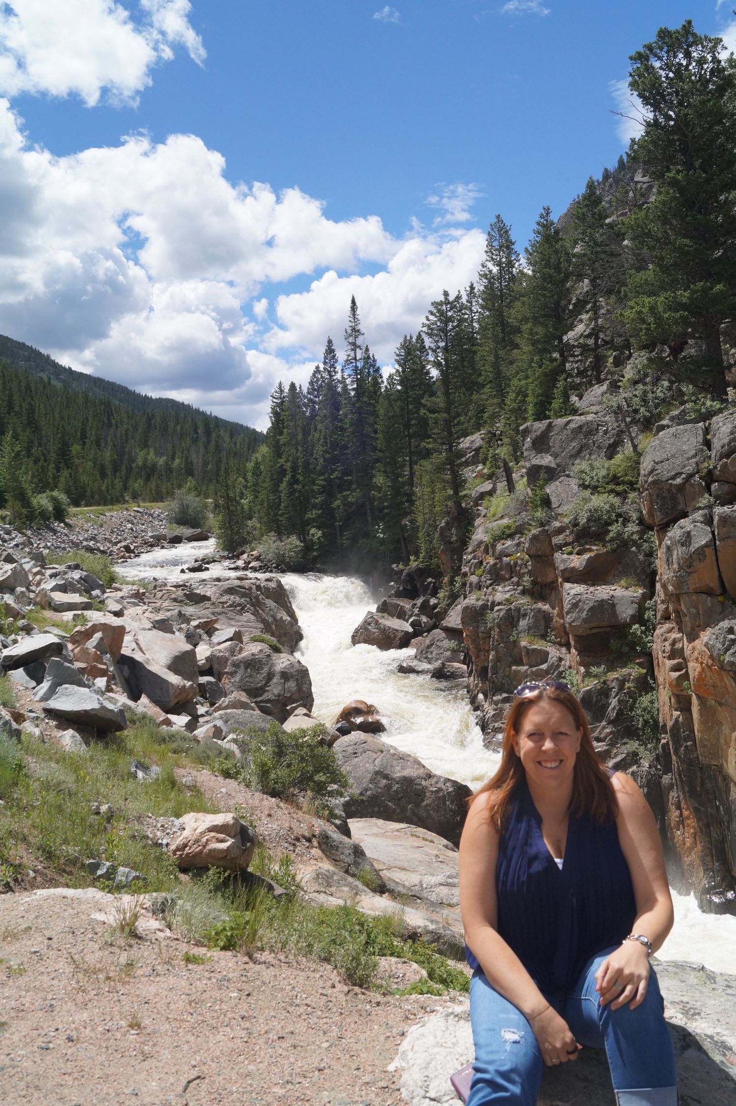 Rushing mountain river surrounded by evergreen forest and rocky terrain on a sunny day.