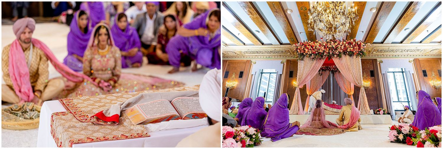 Wedding ceremony setup with traditional rituals and purple-clad guests in an opulent indoor venue.