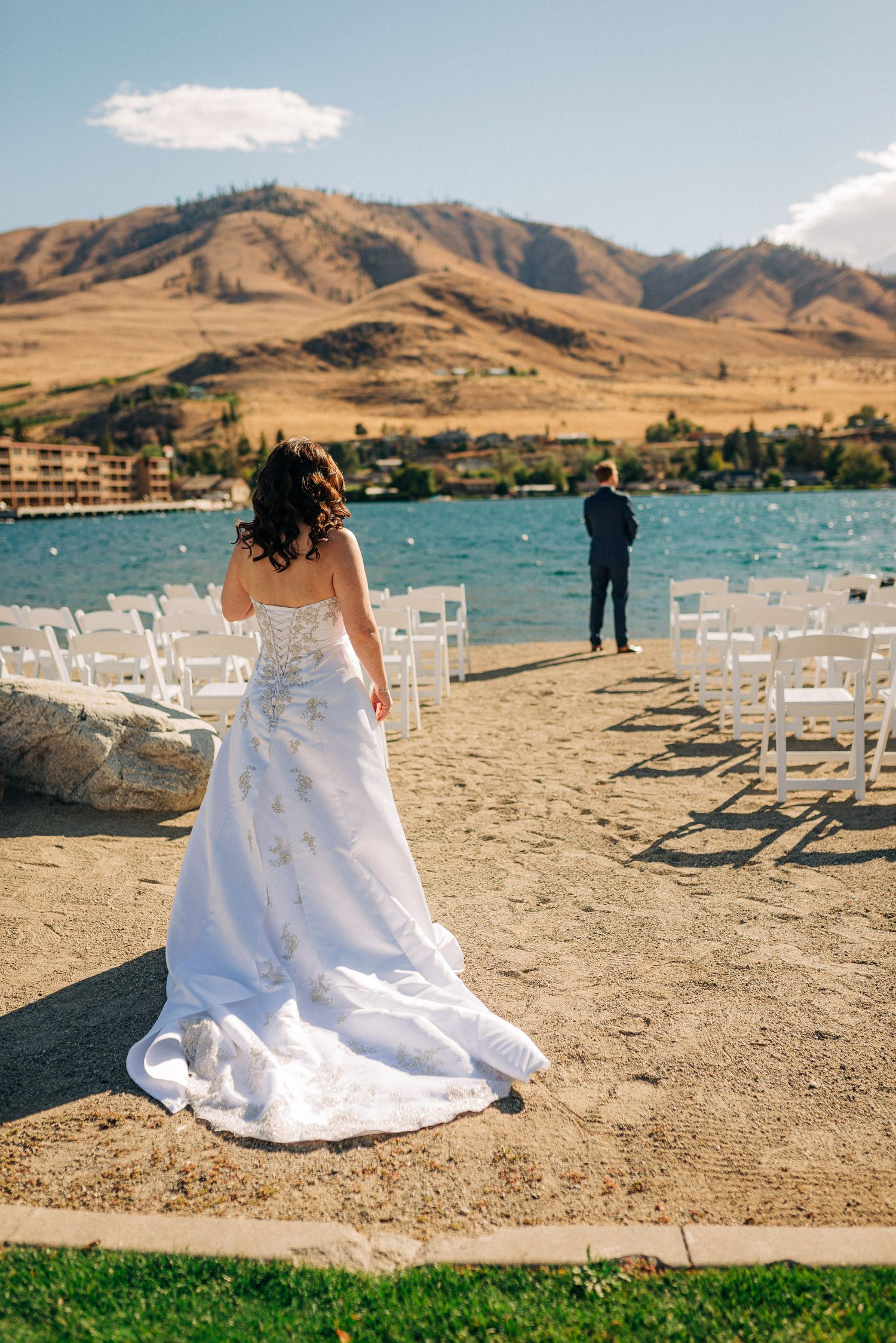 Bride & groom's first look lake side wedding Chelan, wa