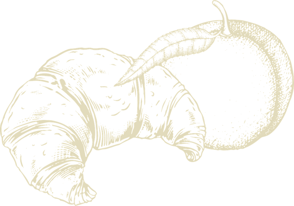 A vintage illustration of a croissant or crescent moon in beige ink on dark background.