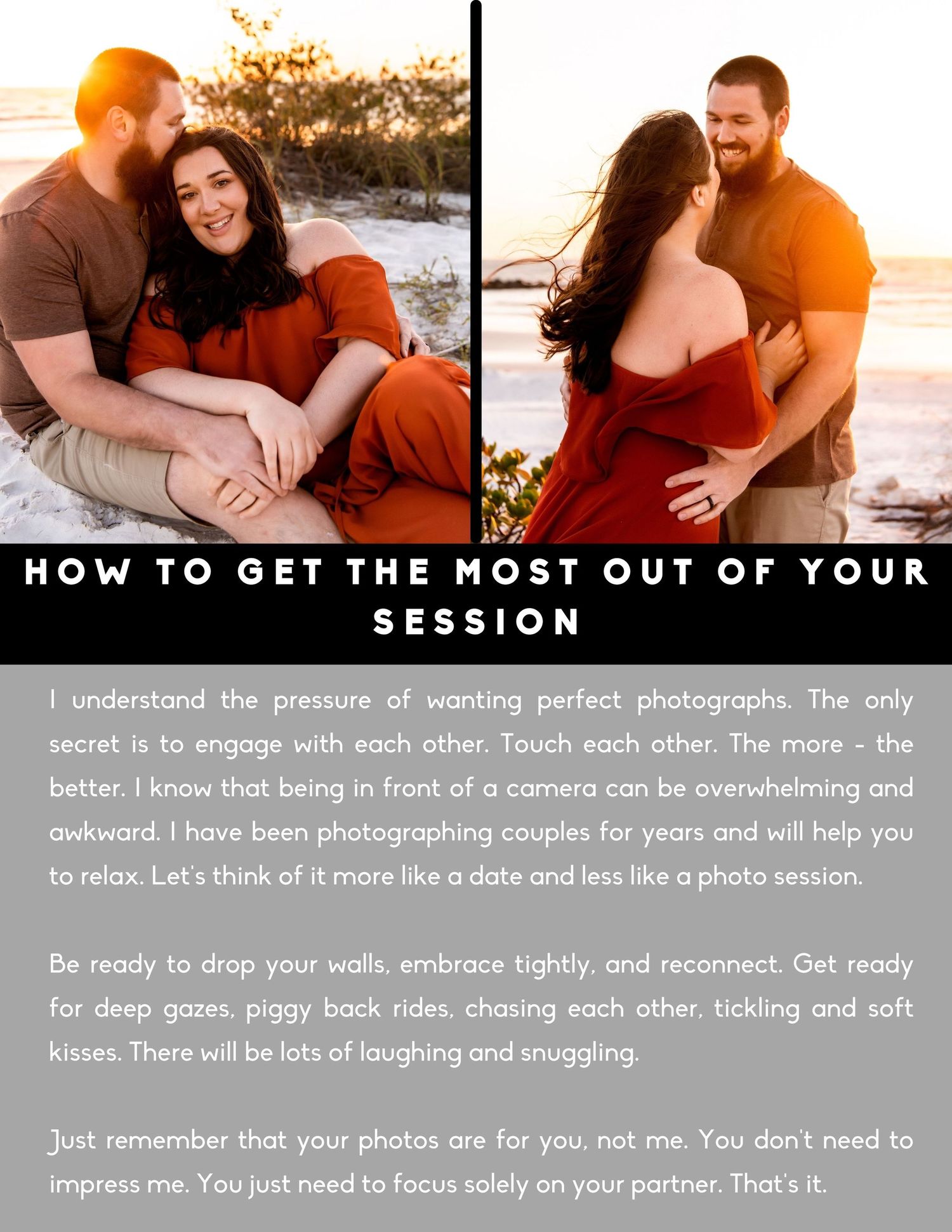 Guide on getting the most out of a couples photo session by focusing on each other.