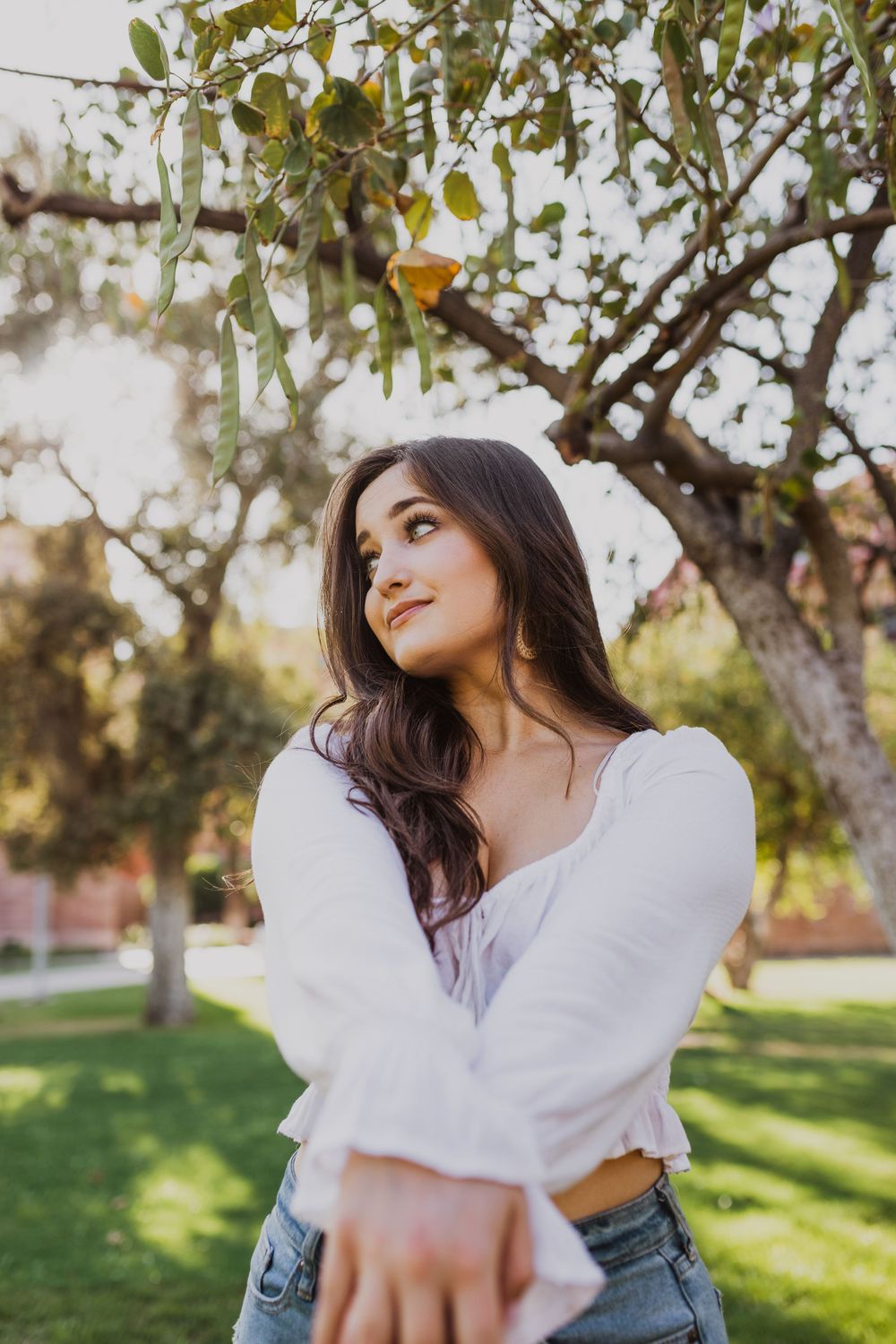 Artistic shots of someone in a white ruffled top posing beneath tree branches in golden sunlight.