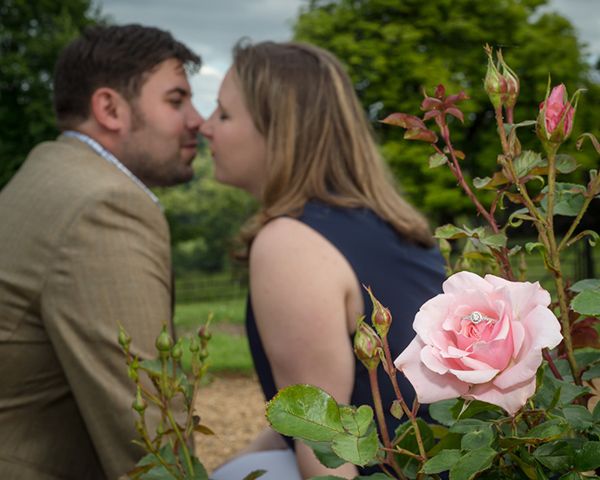 Couple kisses behind rose that contains an engagement ring, romantic engagement photography High Wycombe.