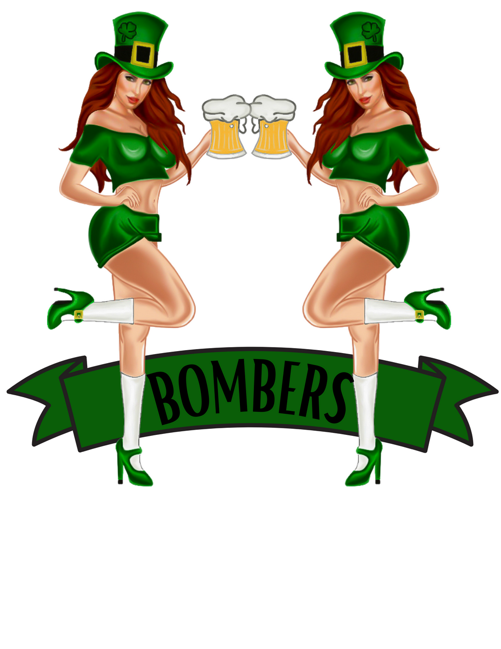 Illustrated St. Patrick's Day themed pin-up girls in green outfits holding beer mugs above Bombers banner.