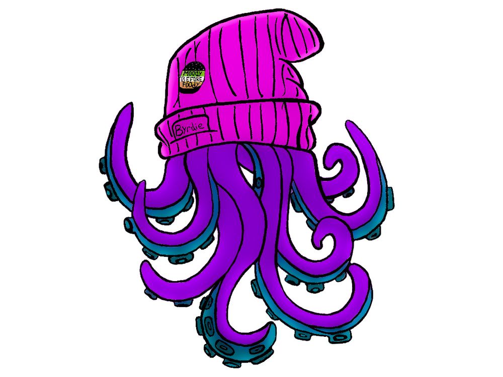 Cute cartoon octopus wearing a pink beanie hat with purple tentacles and teal accents.