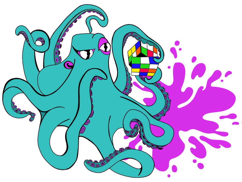 Whimsical turquoise octopus with colorful disco ball head spraying purple paint.